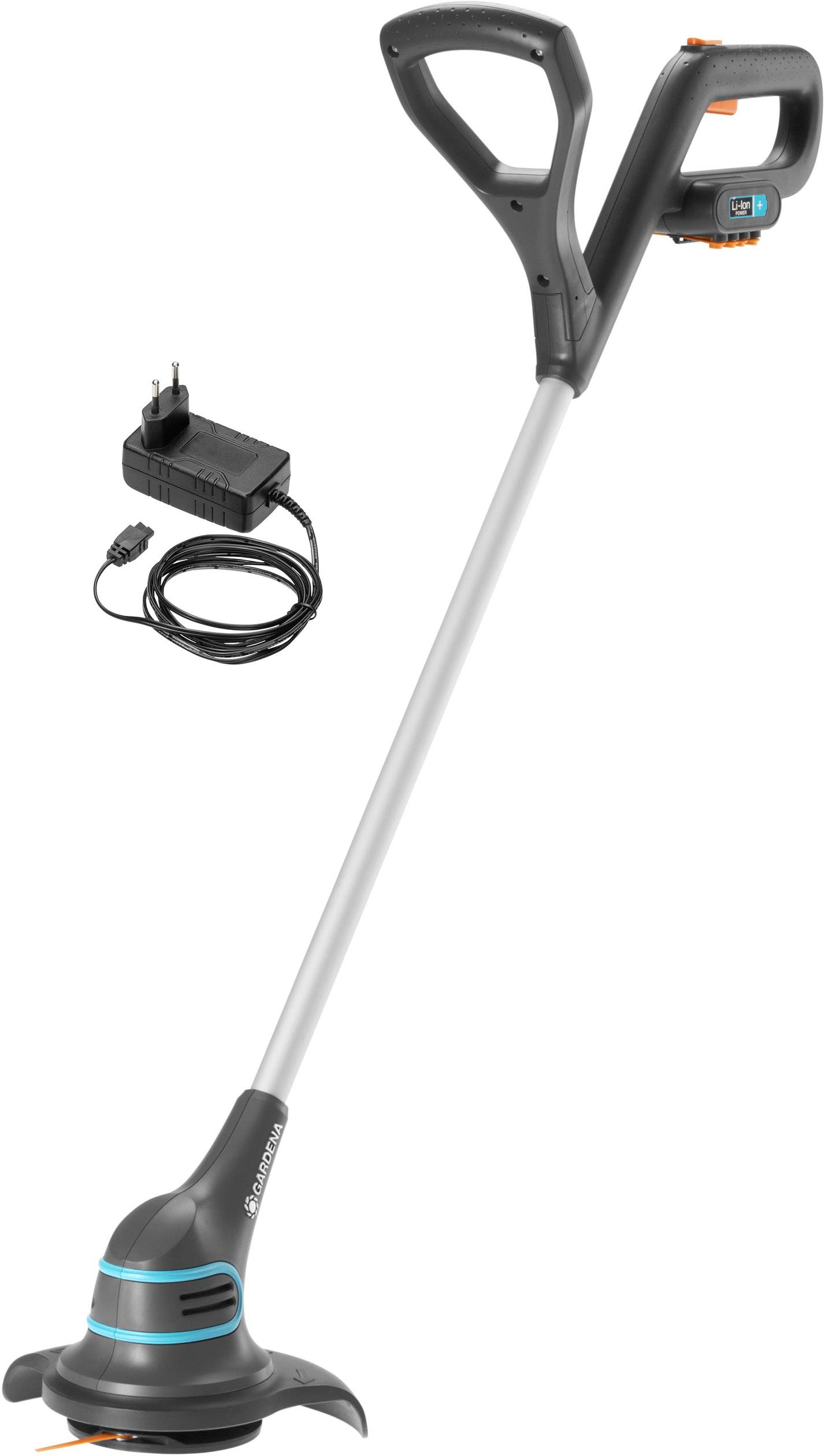 Bezdrátový vyžínač s nabíječkou, ergonomickou rukojetí a štíhlým tělem, ideální pro přesné sečení travních okrajů.