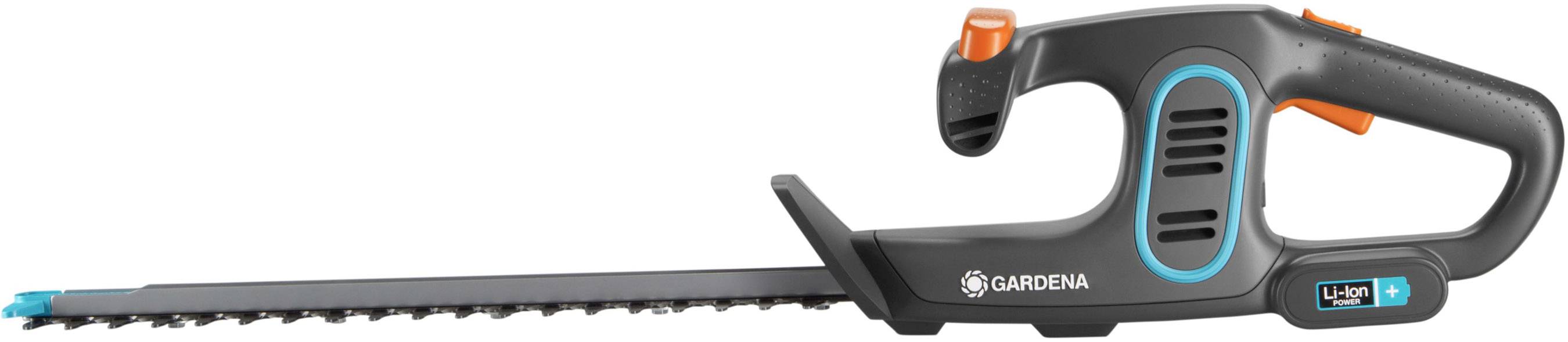 Elektrické zahradní nůžky s ergonomickou rukojetí a dlouhým, zubaným ostřím, vhodné pro přesné stříhání živých plotů.