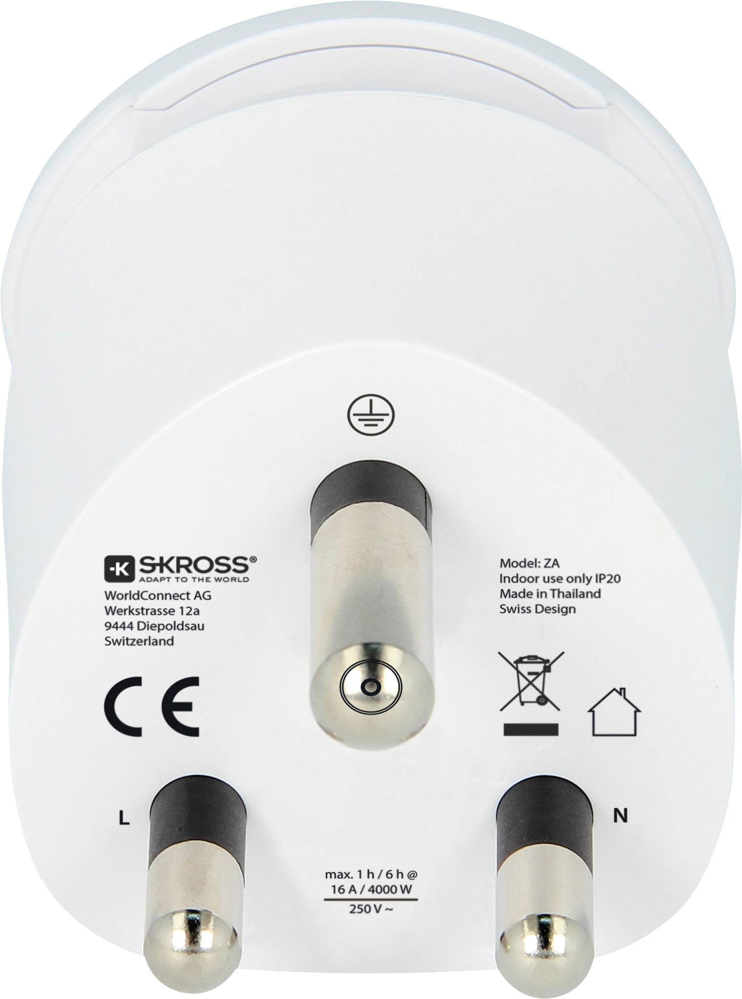 Adaptér se třemi kovovými kolíky pro elektrické připojení, označený písmeny 'L', 'N' a 'E'. Opatřený značkou 'SKROSS' a výrobními údaji.