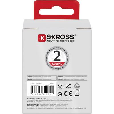 Zadní strana adaptérového obalu s logem 'SKROSS'. Upozornění: '2 roky záruka'. Varování v několika jazycích. Symboly bezpečnosti a certifikace.