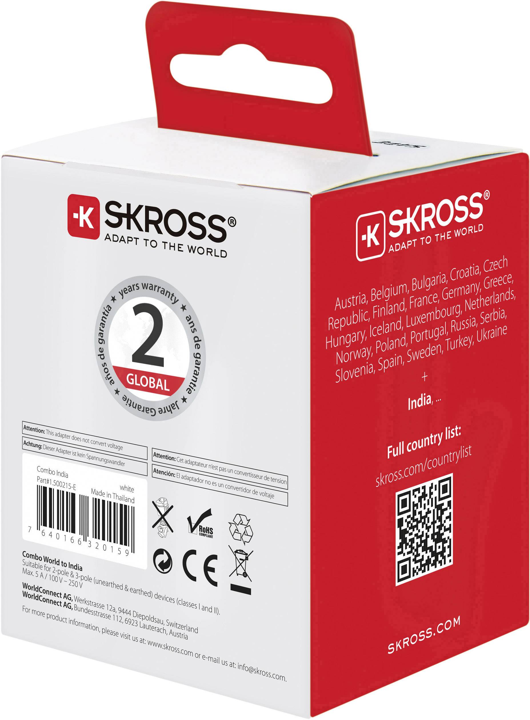 Adaptér SKROSS pro cestování po celém světě se seznamem zemí a QR kódem pro úplný seznam. 2pólový adaptér s uzemněním.