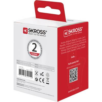 Adaptér SKROSS pro cestování po celém světě se seznamem zemí a QR kódem pro úplný seznam. 2pólový adaptér s uzemněním.