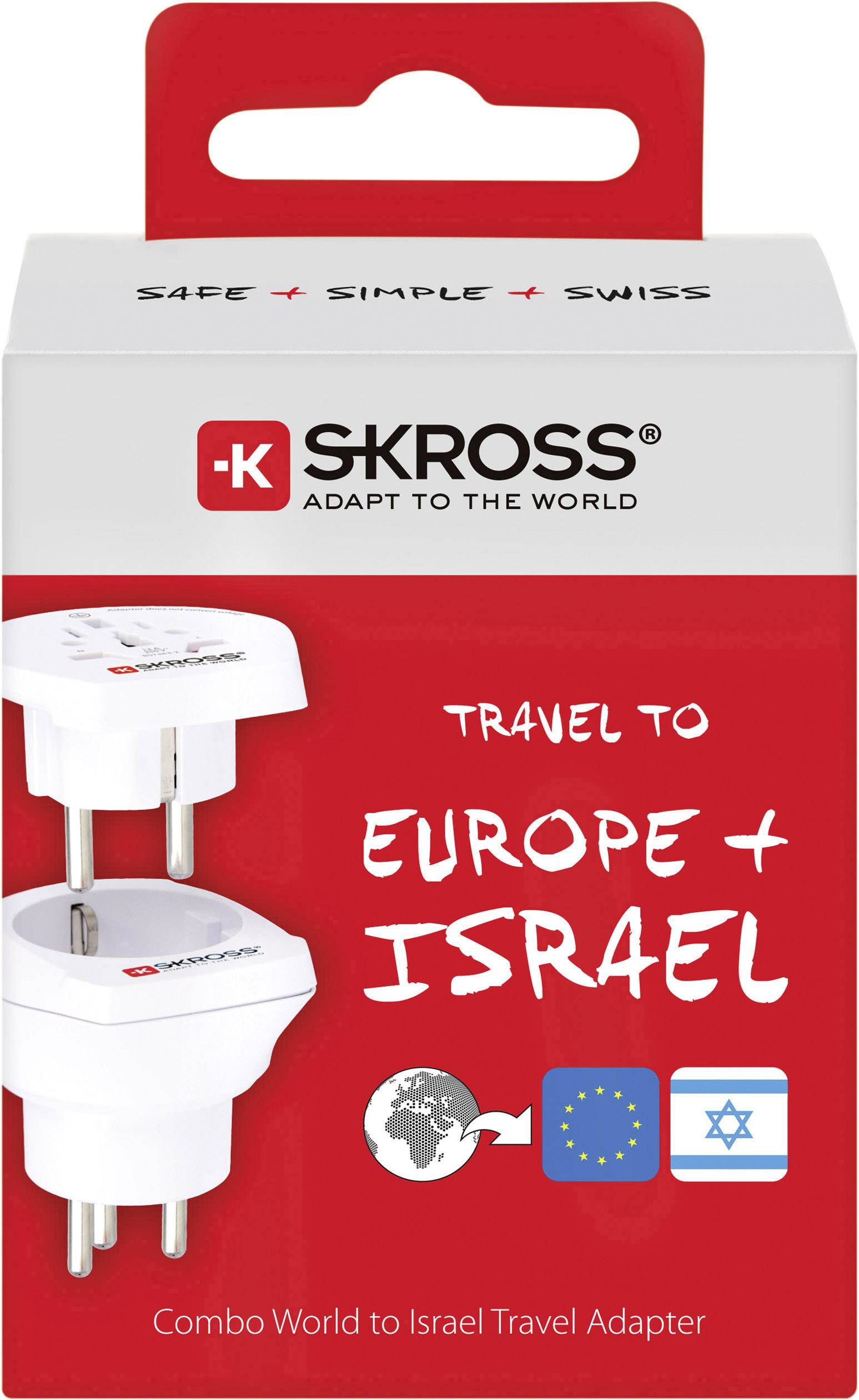Cestovní adaptér pro Evropu a Izrael. Logo Skross nahoře, obrázek bílého adaptéru s evropskými a izraelskými zástrčkami.