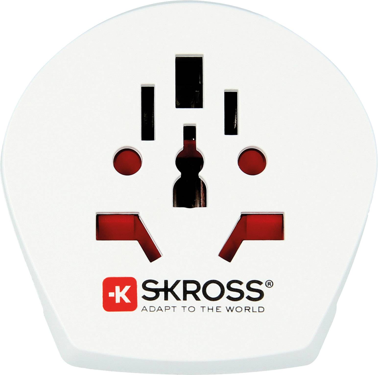 Bílý univerzální cestovní adaptér od SKROSS, vhodný pro nejrůznější typy elektrických zástrček po celém světě. Nápis: 'ADAPT TO THE WORLD'.