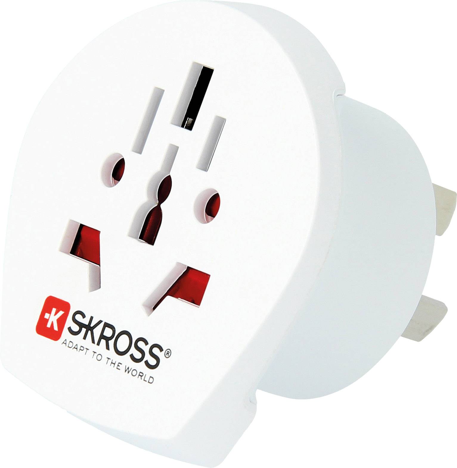 Bílý cestovní adaptér SKROSS pro různé typy zahraničních zásuvek; navržený jako univerzální adaptér s sklopnými elektrickými kontakty.