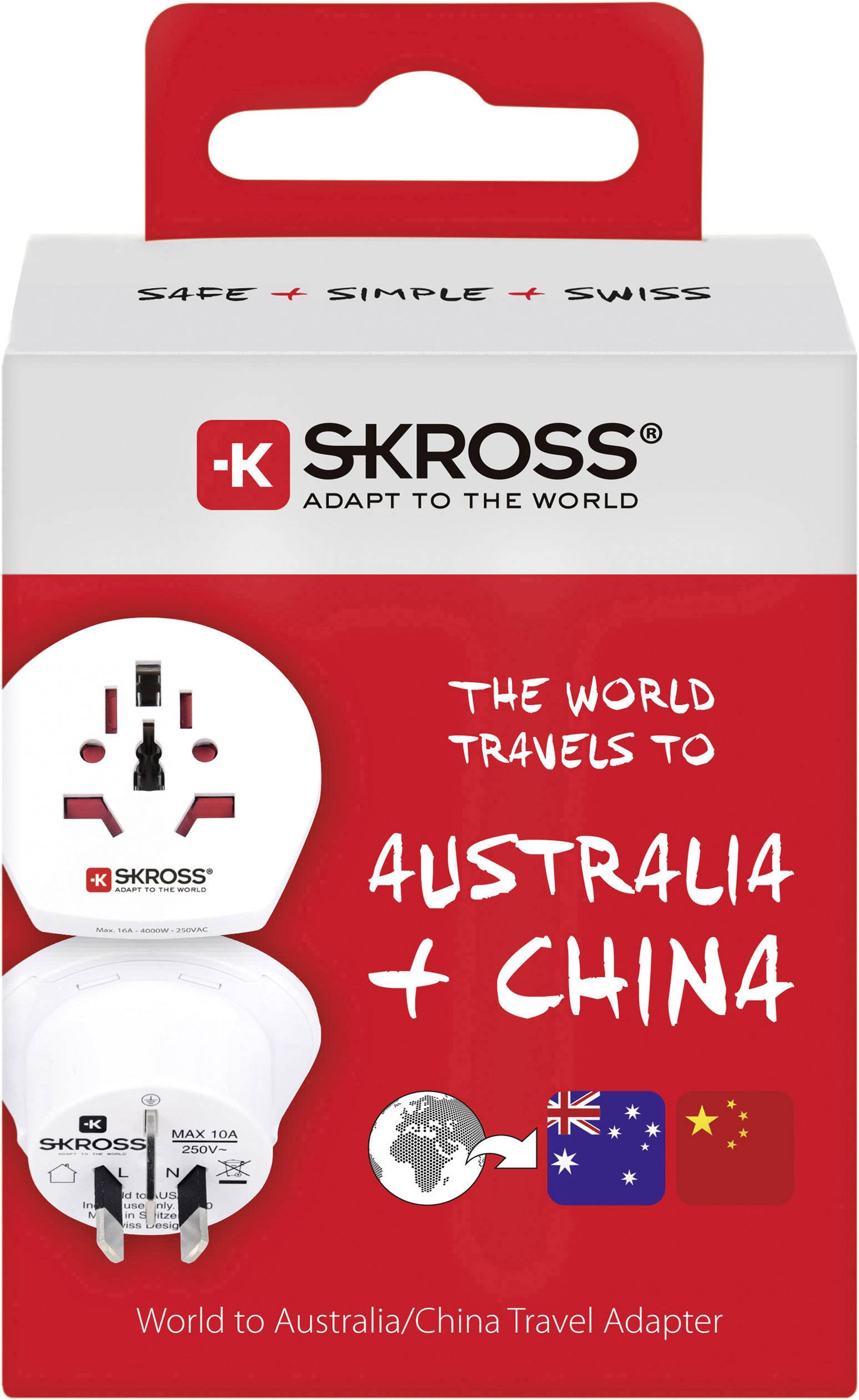 Cestovní adaptér od SKROSS pro Austrálii a Čínu. Bílý adaptér v červeném obalu s vlajkami Austrálie a Číny.