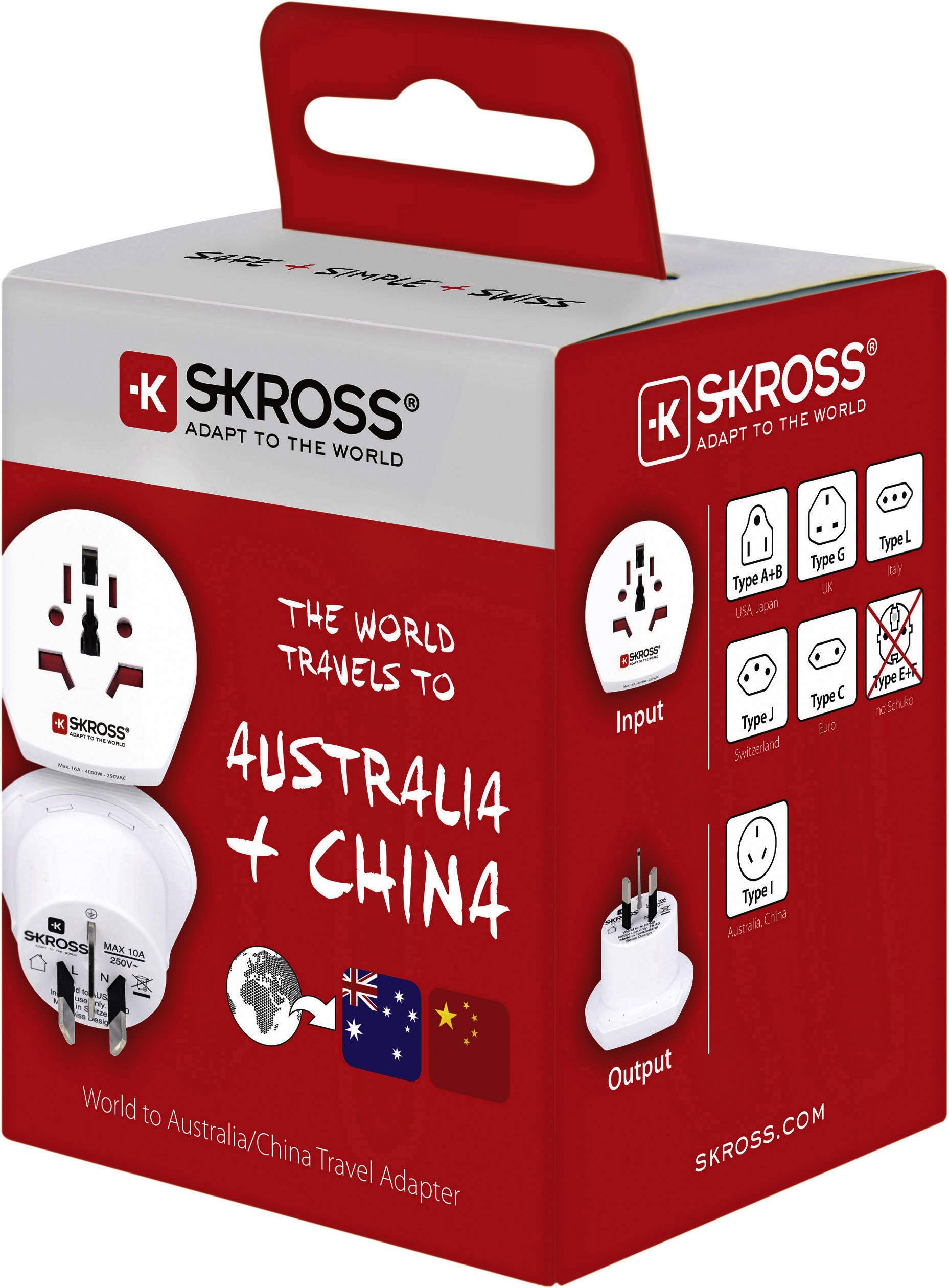 Cestovní adaptér Skross pro Austrálii a Čínu. Zobrazuje vstupní a výstupní zásuvky a vlajky Austrálie a Číny.