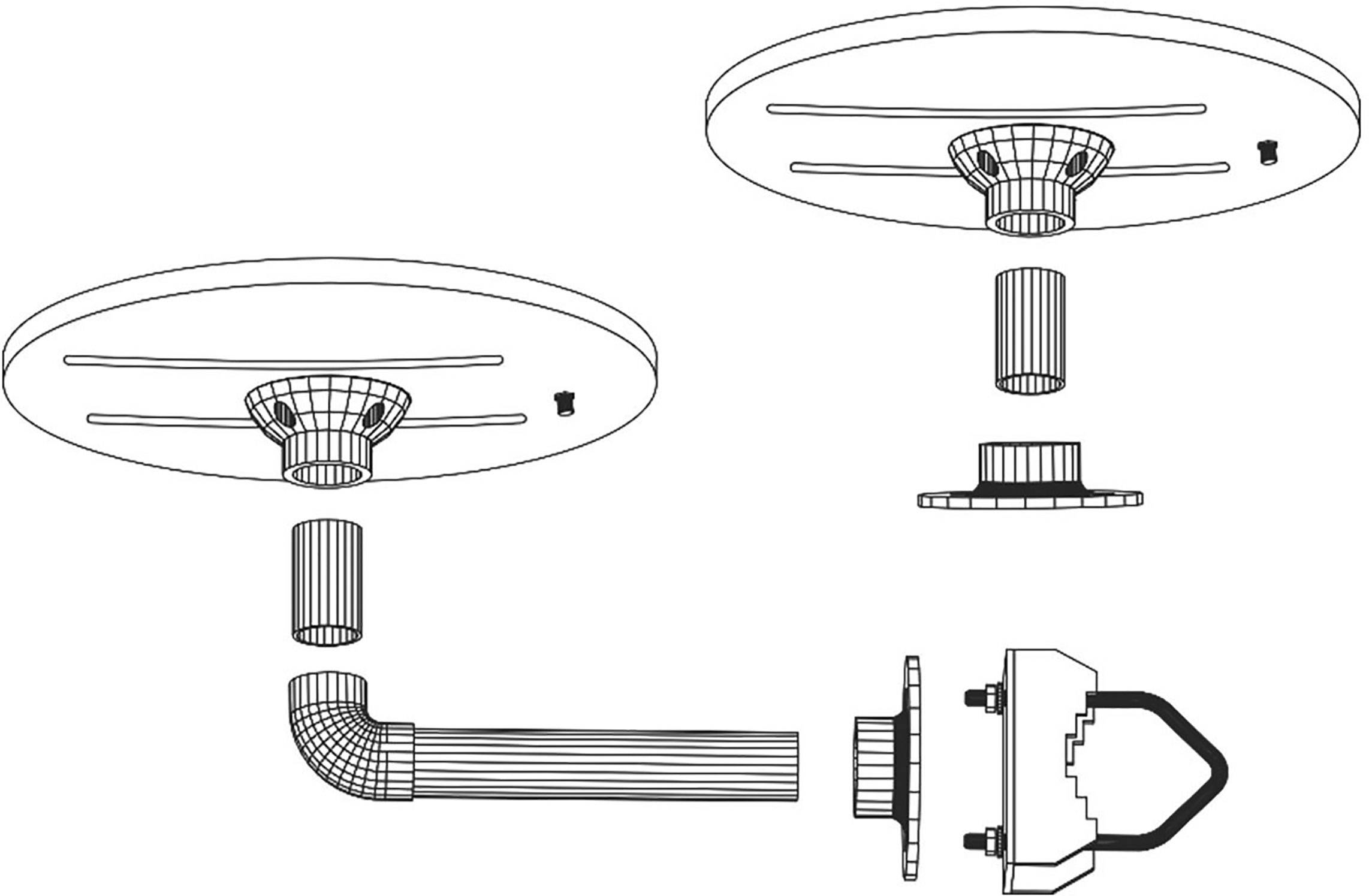 Schéma instalace lampy, zobrazuje stropní držák, kabelové připojení a objímku žárovky.