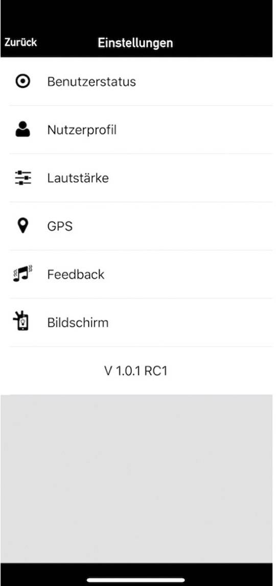 Snímek obrazovky stránky nastavení s možnostmi: Stav uživatele, Uživatelský profil, Hlasitost, GPS, Zpětná vazba, Obrazovka. Verze 1.0.1 RC1.