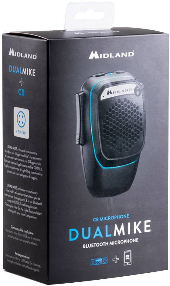 Obal bluetooth mikrofonu 'Midland Dual Mike' s CB funkcí. Přední strana zobrazuje obrázek produktu a detaily značky.