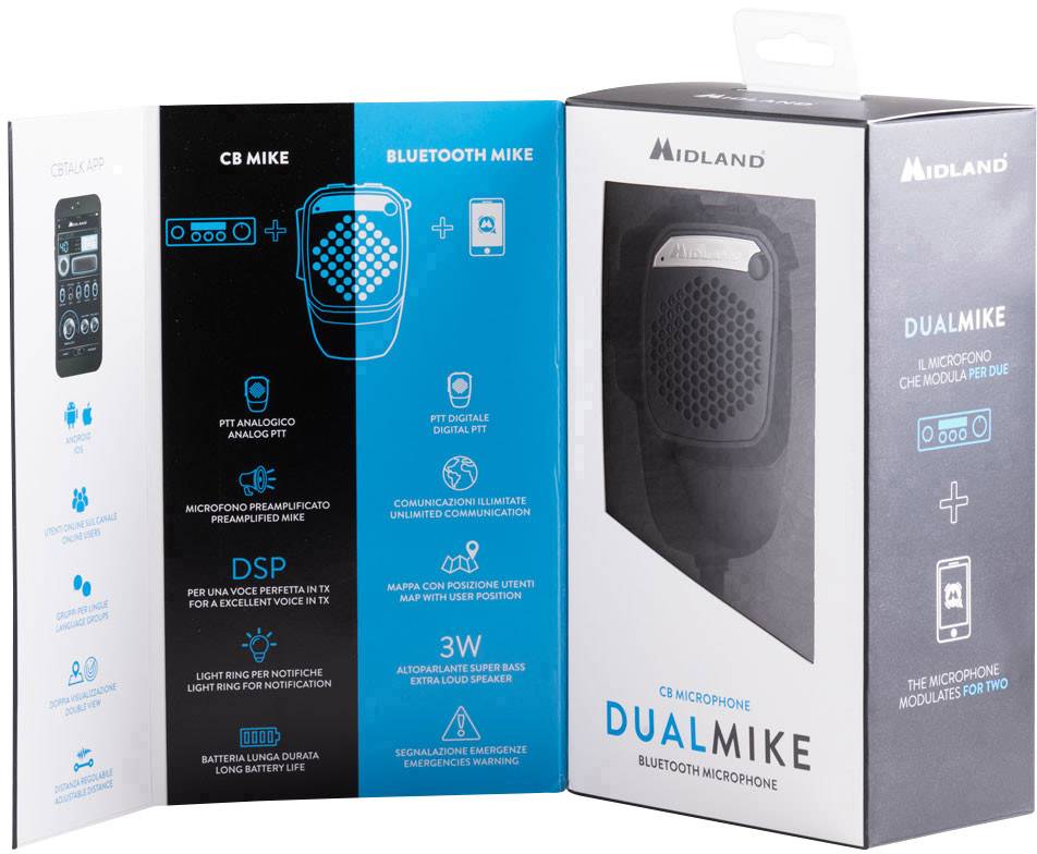 'Dual Mike' mikrofonové balení od Midlandu s podrobnostmi o Bluetooth, analogovém PTT a DSP funkci. Obsahuje obrázky a technické specifikace.