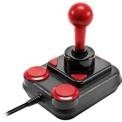 Červený arkádový joystick se dvěma červenými tlačítky na černé základně, typický pro retro videoherní konzole, připojený kabelem.