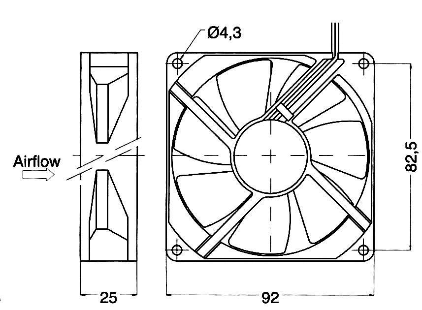 Technický výkres ventilátoru s rozměry: šířka 92 mm, výška 82,5 mm, hloubka 25 mm. Směr proudění vzduchu a velikost montážních otvorů Ø 4,3 mm vyznačeny.
