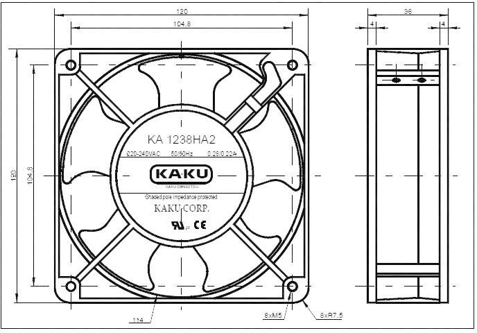Technický výkres ventilátoru s modelem KA 1238HA2. Zobrazuje rozměry v milimetrech, polohu kabelů a upevňovací otvory.