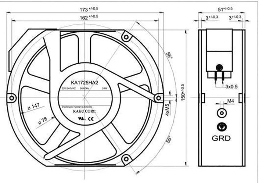 Technický výkres ventilátoru s rozměry v milimetrech, typ KA1725HA2, pohledy zepředu a z boku, detaily montáže.