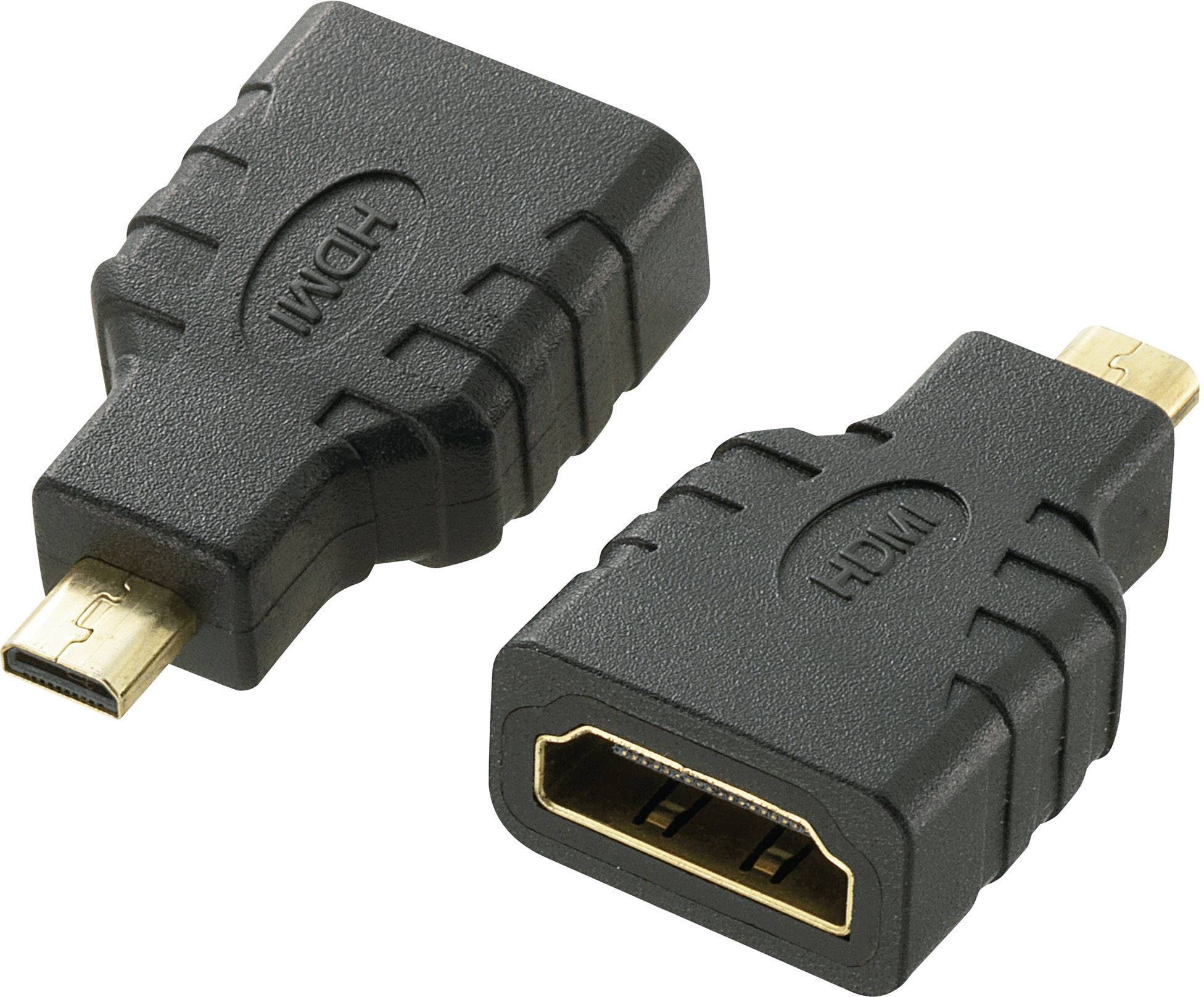Dva adaptéry, každý s jedním micro-HDMI a jedním standardním HDMI konektorem. Jeden ukazuje přední stranu, druhý zadní stranu.
