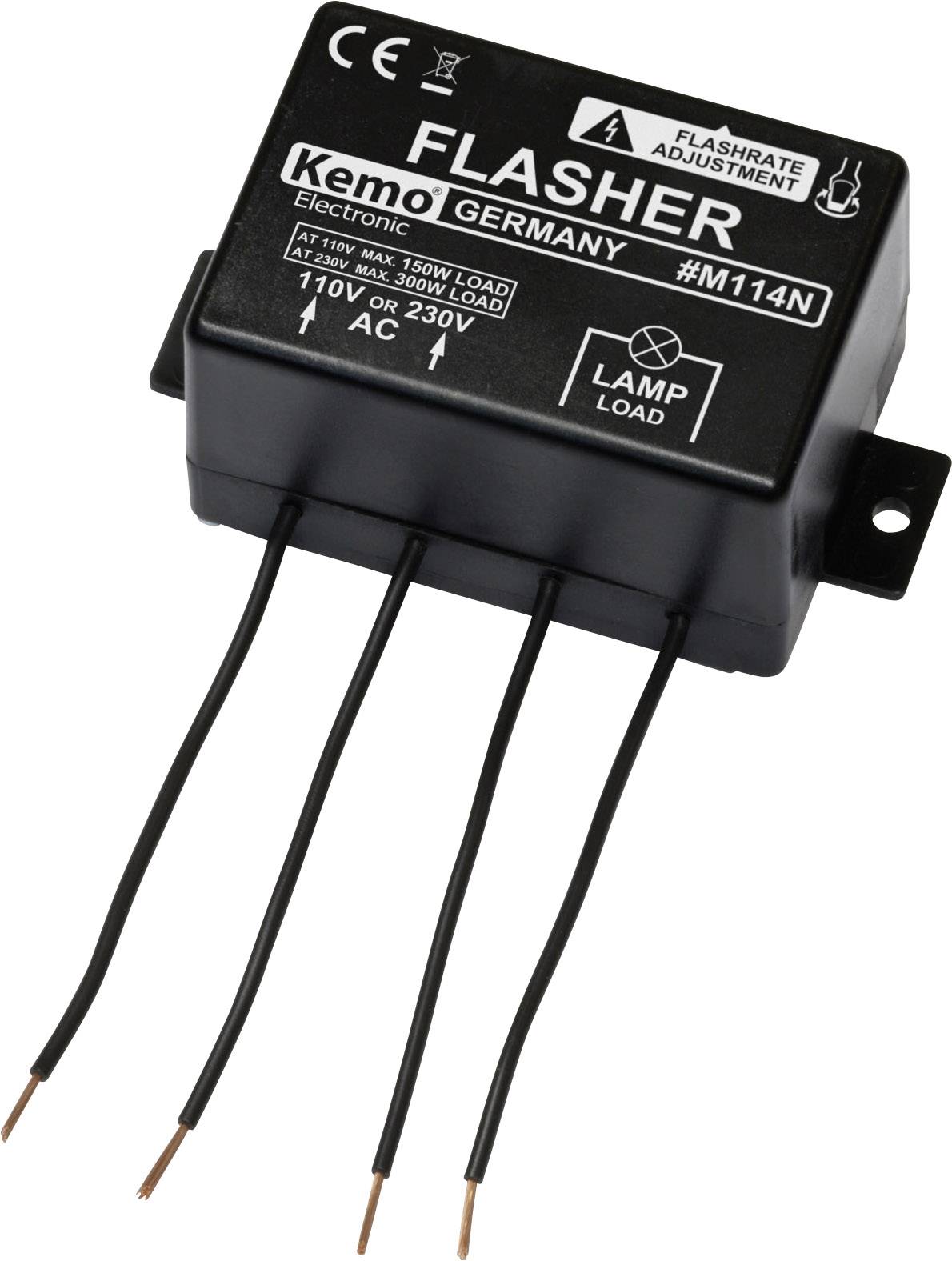 Elektronické zařízení s nápisem 'FLASHER', vyrobené v Německu firmou Kemo. Má čtyři vodiče a je vhodné pro napětí 110V nebo 230V.