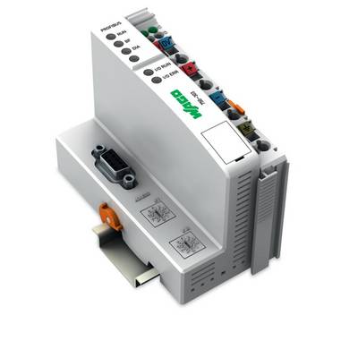 Bílé elektronické zařízení s několika porty a barevnými přepínači. Označené nápisem 'WAGO', pravděpodobně řídicí modul.