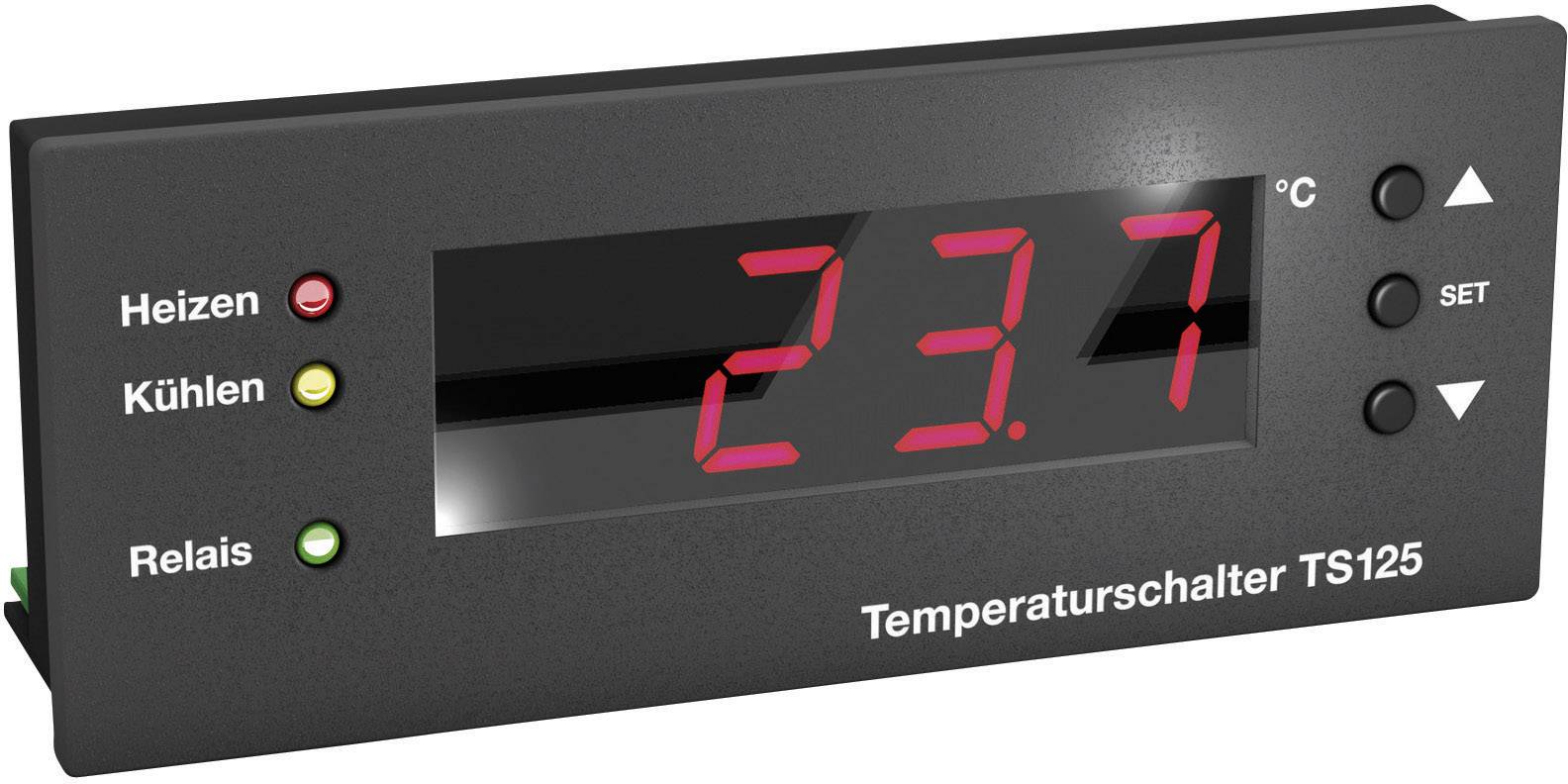 Teplotní spínač TS125 s digitálním displejem zobrazuje 23,7°C. LED indikátory pro vytápění, chlazení a relé.