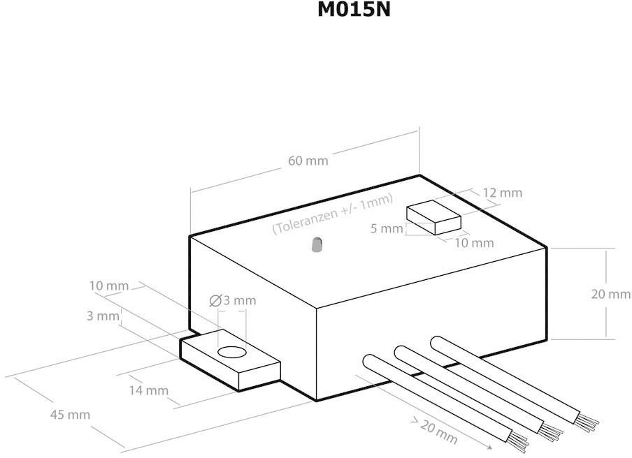 Výkres rozměrů elektronické součástky 'M015N' s rozměry: 60x45x20 mm. Obsahuje drátové připojení a průměr otvorů 3 mm.