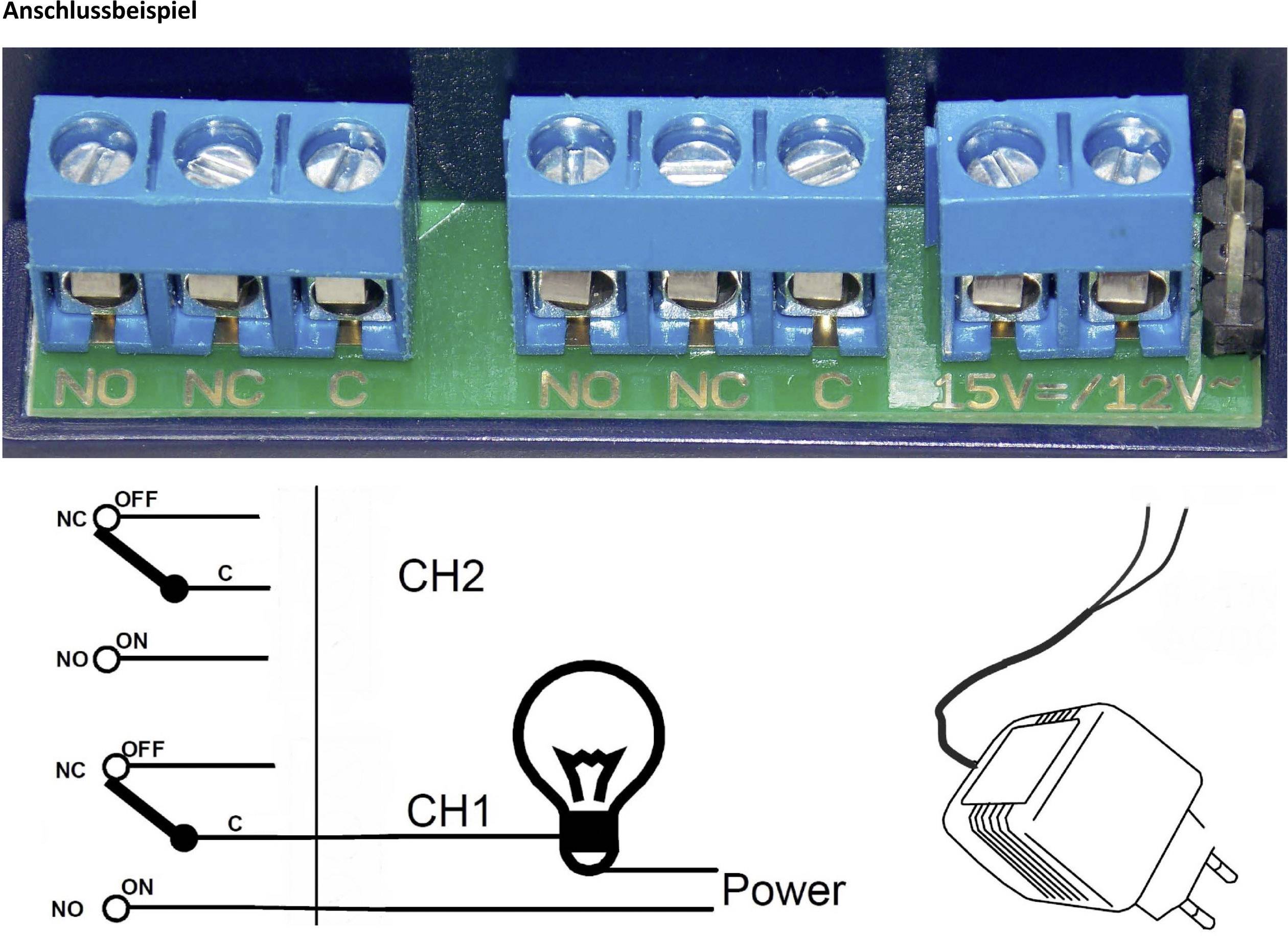 Příklad zapojení pro elektroniku: Nahoře jsou zobrazeny modré svorky pro NO, NC, C. Dole je náčrt zapojení s žárovkou a napájecím zdrojem.