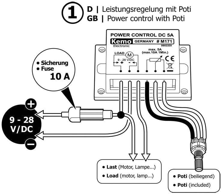 Diagram stejnosměrného 5A kontroléru výkonu s potenciometrem. Připojení pro 9-28 V/DC. Pojistka 10 A. Připojení k zátěži a potenciometru.