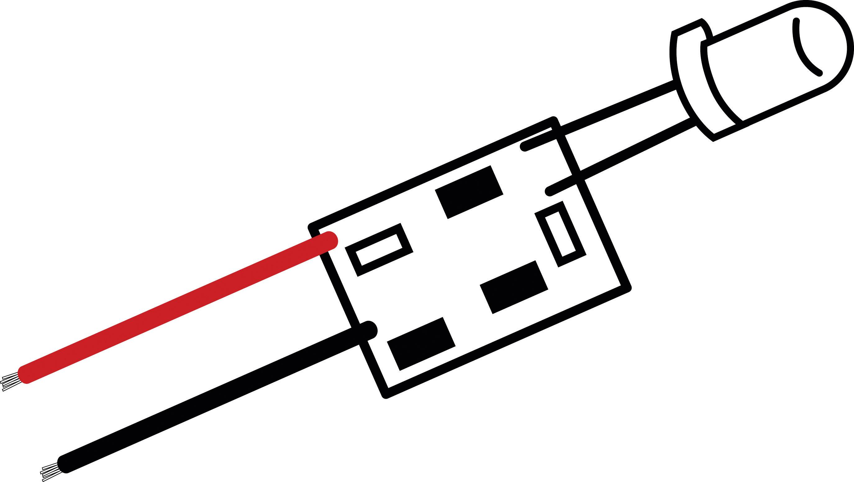 Zobrazení LED konektoru se dvěma vodiči, červeným a černým, připojenými k desce plošných spojů.