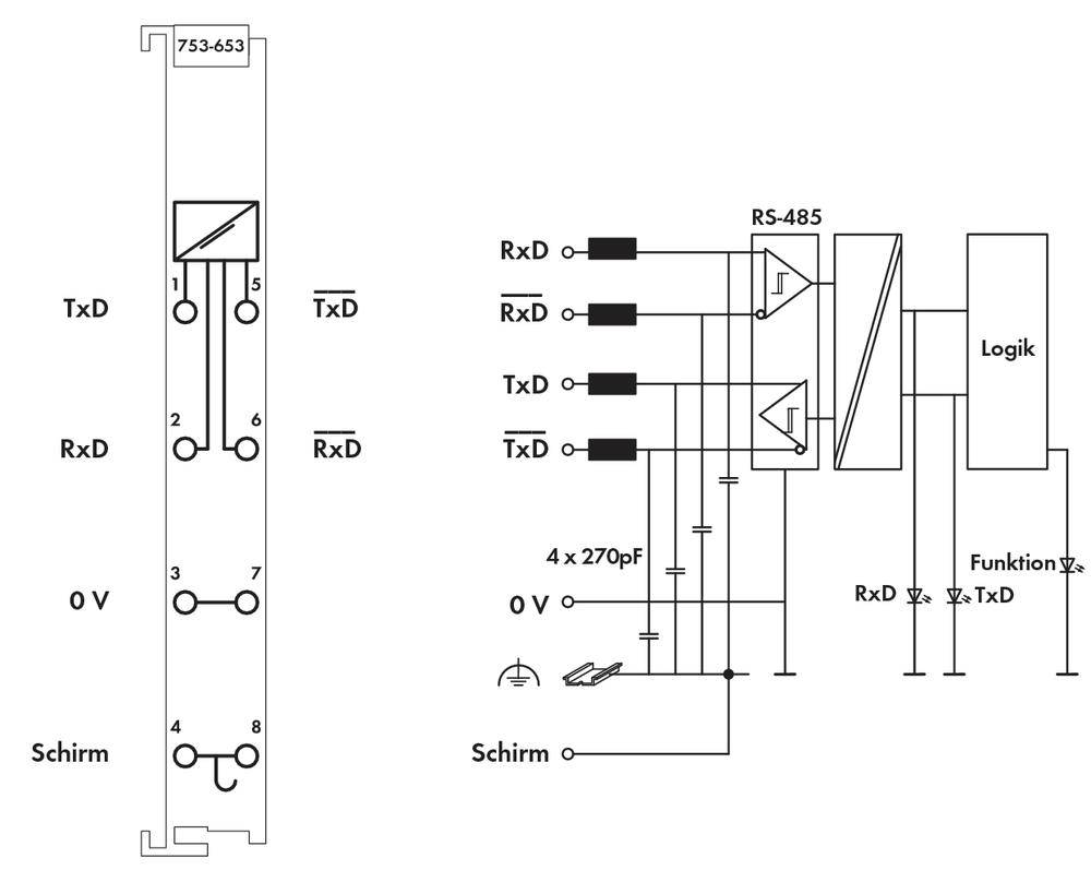Schéma zapojení ukazuje elektrické zapojení s RS-485 připojením a logickým obvodem. Obsahuje detaily k RxD a TxD připojením.