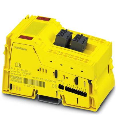 Žluté elektronické zařízení, pravděpodobně bezpečnostní relé nebo řadič, s několika konektory a popiskami na přední straně.