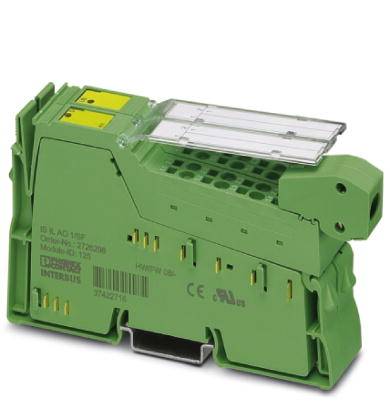 Zelená elektronická komponenta, pravděpodobně průmyslový modul nebo svorkovnice, s připojovacími body a ochranným krytem.