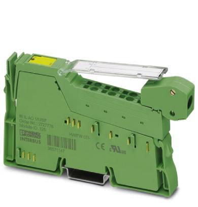 Zelený elektronický modul s několika konektory a průhledným krytem, pravděpodobně propojovací prvek pro průmyslové aplikace.