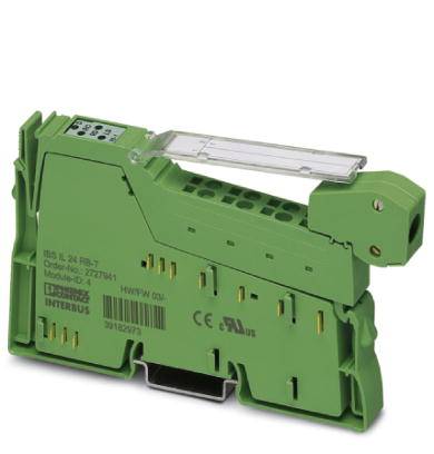 Elektronický modul v zelené barvě s konektory, průhledným ochranným povrchem a několika štítky po straně.