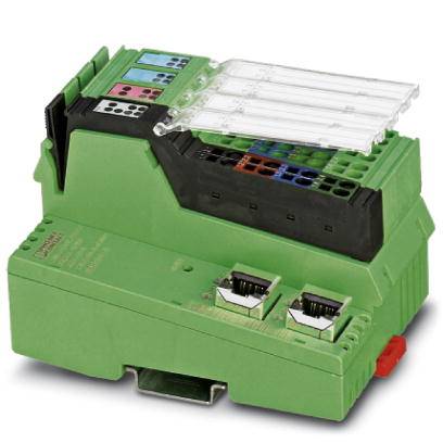 Zelené elektronické zařízení s několika konektory a průhledným krycím páskem, pravděpodobně průmyslový řídicí komponent.