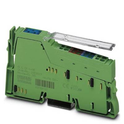 Zelený elektrický reléový modul s několika svorkami a průhledným krytem, umístěný na bílém povrchu.