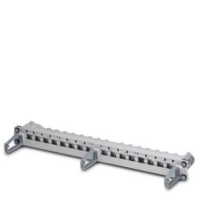 Stříbrný patch panel s několika RJ45 porty, namontovaný na horizontálním držáku. Vhodný pro síťové kabelové připojení.