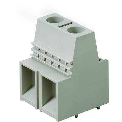 Šedý elektrický svorkovnicový blok se dvěma horními otvory a dvěma spodními připojovacími místy, používaný pro propojení kabelů.