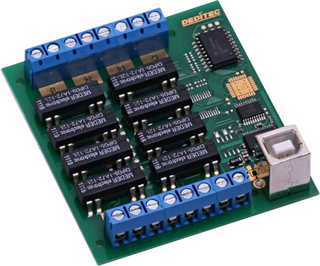 Zelená deska plošných spojů s několika modrými svorkami, černými integrovanými obvody a USB konektorem pro elektronické aplikace.