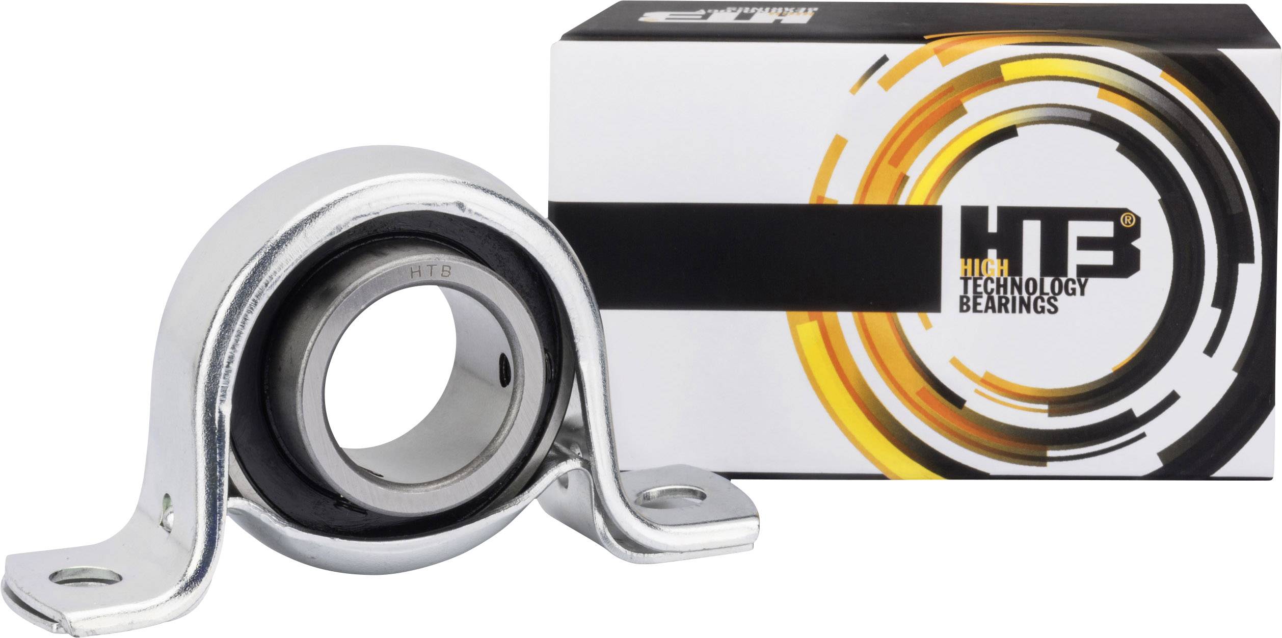 Kovové ložiskové pouzdro s namontovaným kuličkovým ložiskem, vedle něj výrobní obal s nápisem „High Technology Bearings".