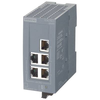 Šedý síťový switch Siemens, model Scalance XB005, s pěti ethernetovými porty na přední straně.