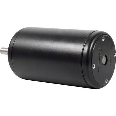 Černý válcový elektromotor s vyčnívající kovovým hřídelem, vhodný pro technické aplikace.