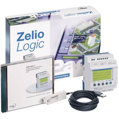 Balení 'Zelio Logic' obsahující logický modul, instalační CD, USB kabel a uživatelskou příručku. Zaměřeno na automatizační řešení.