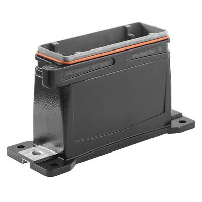 Černý obdélníkový průmyslový konektor s kovovými nožkami, vhodný pro robustní aplikace a elektrické připojení.