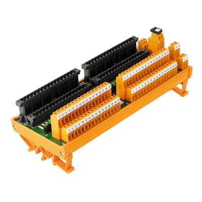 Elektronická připojovací svorkovnice v žluté a černé barvě, namontovaná na držáku. Slouží k bezpečnému zapojení v rozvaděčích.