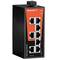 Černý ethernetový switch od společnosti Weidmüller s osmi ethernetovými porty a dvěma napájecími LED diodami (PWR1 a PWR2) na přední straně.