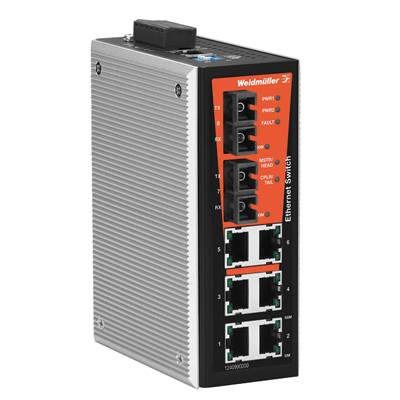 Průmyslový ethernetový switch od Weidmülleru s několika síťovými rozhraními, vhodný pro použití v průmyslovém prostředí.