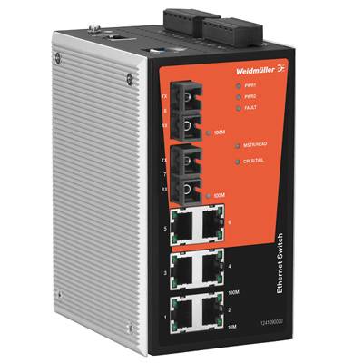 Průmyslový ethernetový switch od Weidmülleru s osmi porty, LED indikátory pro napájení a síťový stav.