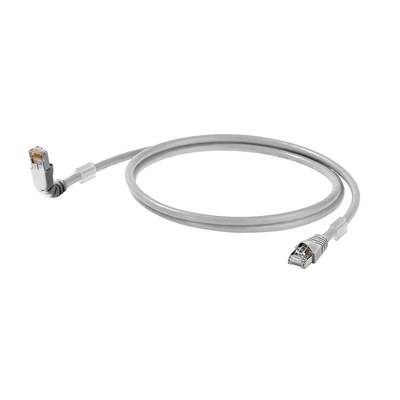 Šedý ethernetový kabel se dvěma konektory RJ45 na obou koncích, používaný pro propojení síťových zařízení, jako jsou počítače nebo routery.