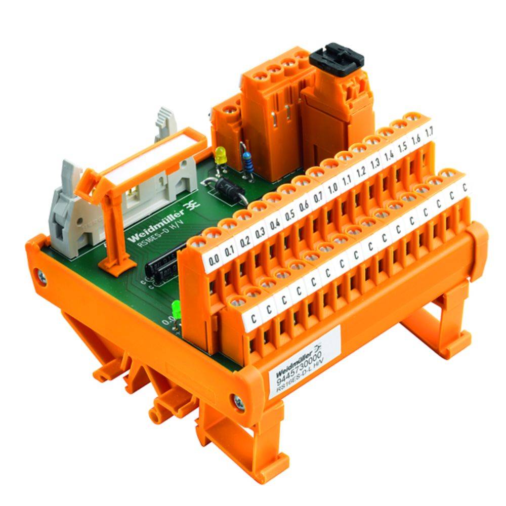 Oranžový elektrický svorkovnicový modul s několika svorkami a popiskami, používaný pro zapojování elektrických obvodů.