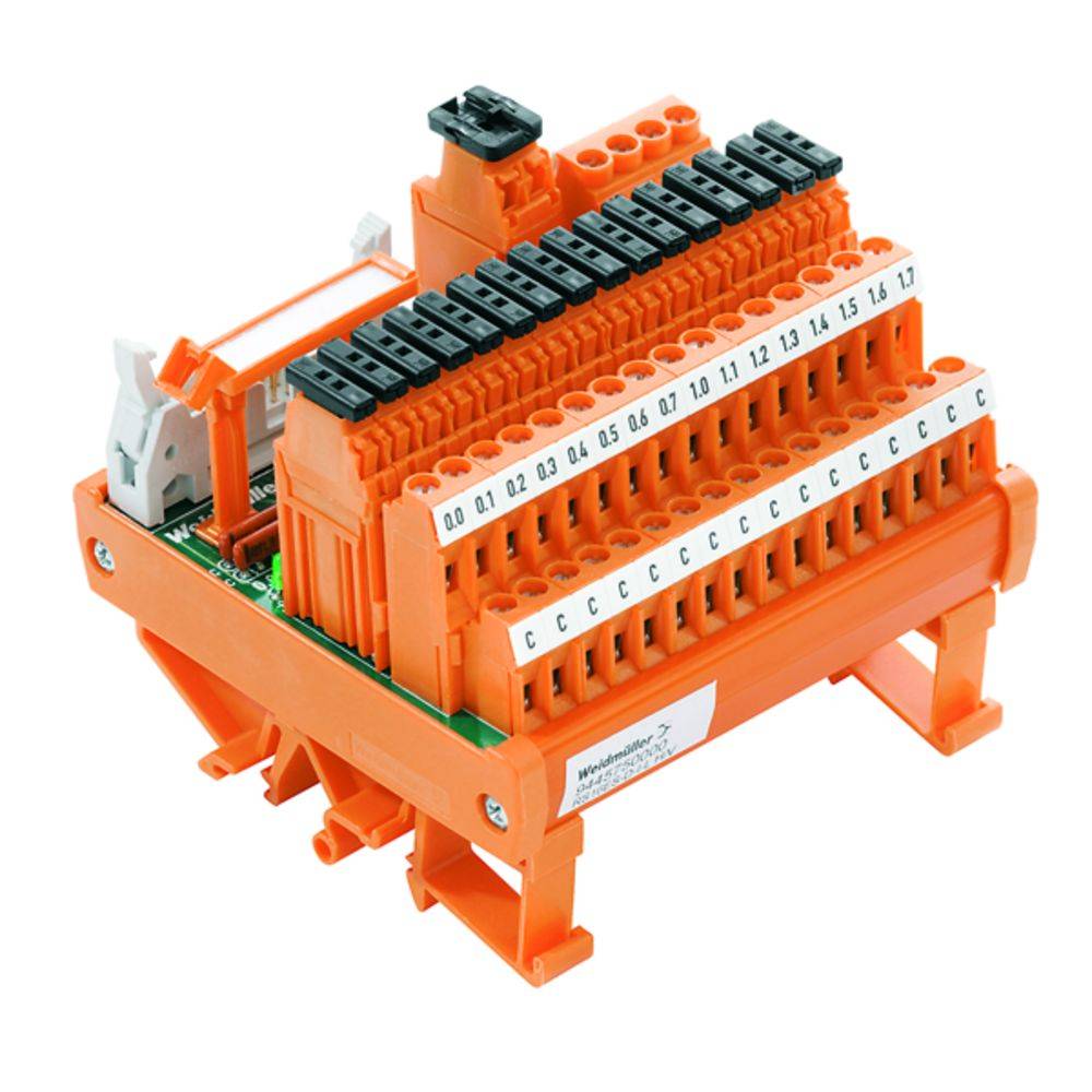 Oranžový řadový svorkovnicový blok s označenými svorkami od 0 do 1,7. Vhodný pro průmyslové nebo elektrické aplikace.