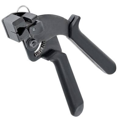 Černé ruční nástroje se dvěma rukojeti a mechanismem pro odstraňování izolace z kabelů. Ideální pro elektrotechnické práce.
